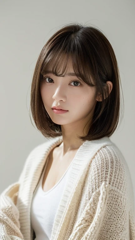 (Highest quality、16K resolution)1 girl、solo、Natural soft light、small 、Korean women、Looking into the camera、White long sleeve knit cardigan、Concrete Background、Look forward、standing、Beaver、Female in her late teens、Light bangs、short hair、Salon model、Natural look、Portrait、Floated hair、Roll Hair、Shibuya