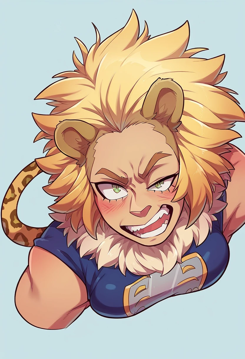 Make me an image panel comics Boku no hero academia woman with short blonde chopped hair like a lion's mane, green eyes, and has blonde lion ears and a jaguar tail (create a heroine costume for her)