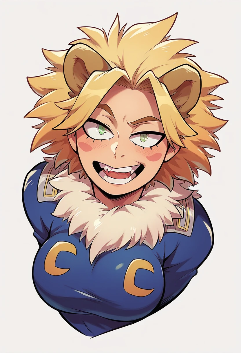 Make me an image panel comics Boku no hero academia woman with short blonde chopped hair like a lion's mane, green eyes, and has blonde lion ears and a jaguar tail (create a heroine costume for her)