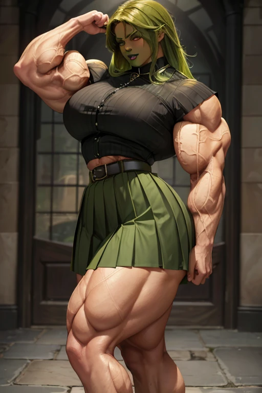 ((((Massive tall, beautiful, buff, light brown skinned muscular woman with green hair, black lipstick, ginormous bulky muscles and wearing a green pleated shirt with beautiful long pleated skirt)))), (close view), (massive muscles), long curvy hair, ((chained belt)), orange eyes, choker, ((green pleated shirt and tie)), neck tie, ((beautiful long pleated skirt)), belt, thigh high socks, black boots, (in Hogwarts), closed smile, night, massive muscles