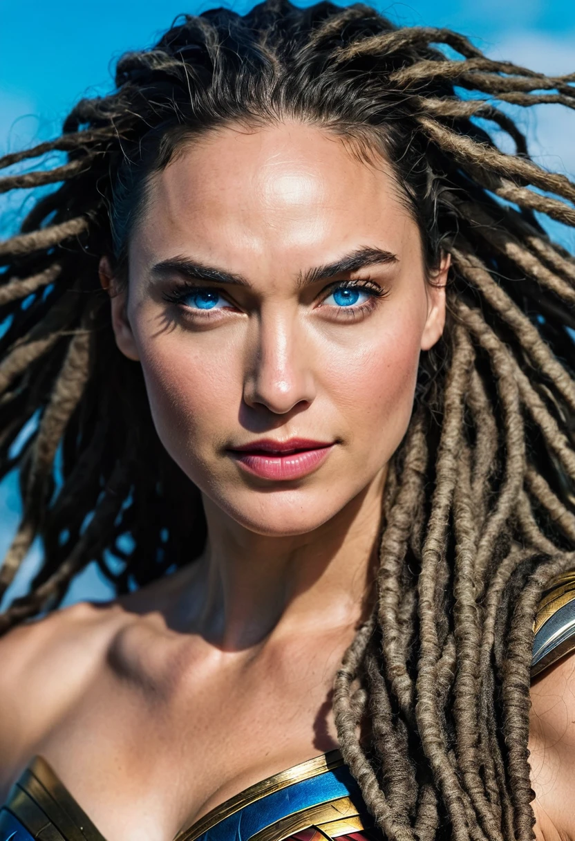 Extreme close-up Gal Gadot (((blue eyes))),(((dreadlocks)))under the mantle of the Amazon warrior (((Wonder woman)),((dreadlocks))) surreal and cinematographic images Color Splash images f(((Traje actual Wonder woman))),(((Diaema Wonder woman))),(((dreadlocks)))