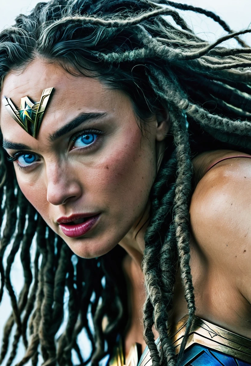 Extreme close-up Gal Gadot (((blue eyes))),(((dreadlocks)))under the mantle of the Amazon warrior (((Wonder woman)),((dreadlocks))) surreal and cinematographic images Color Splash images f(((Traje actual Wonder woman))),(((Diaema Wonder woman))),(((dreadlocks)))