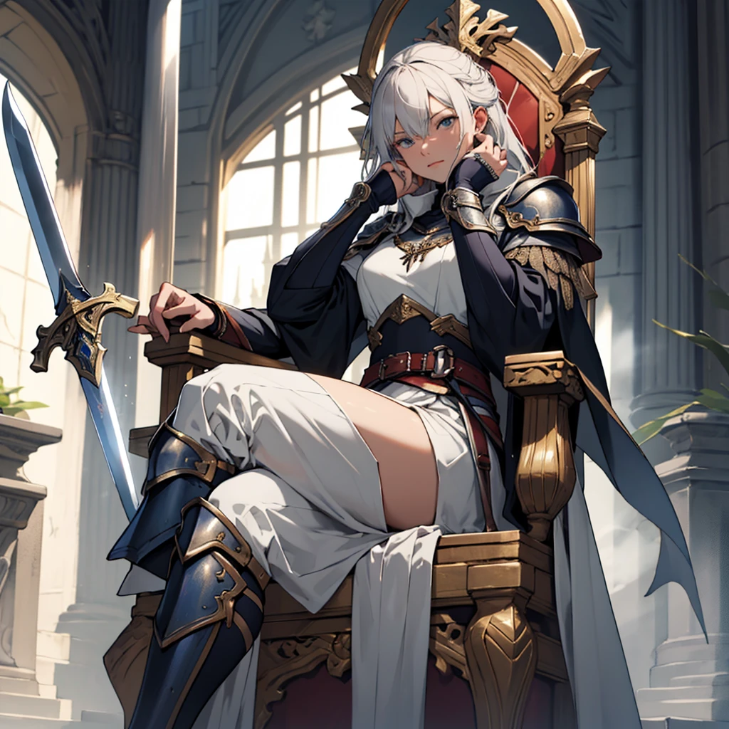 woman sitting with her legs open on a throne with a hand on her face and a sword resting on the throne wearing armor and a tunic