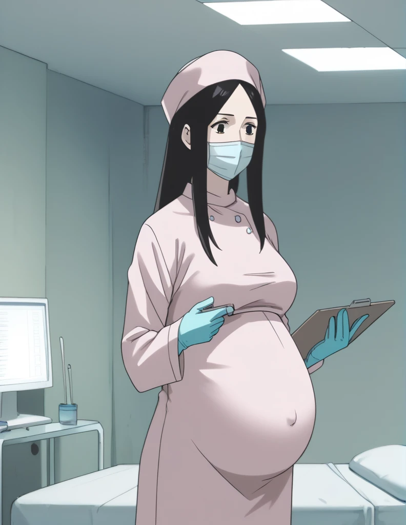 score_9,  score_8_up, score_7_up, source_anime, kasuganoray, pale skin, shy eyes, long hair, scrubs, surgical mask, surgical cap, long sleeve maternity gown,
1girl, pregnant, solo, rubber gloves, clipboard, looking down, furrowed brow, privacy screen, hospital bed, standing