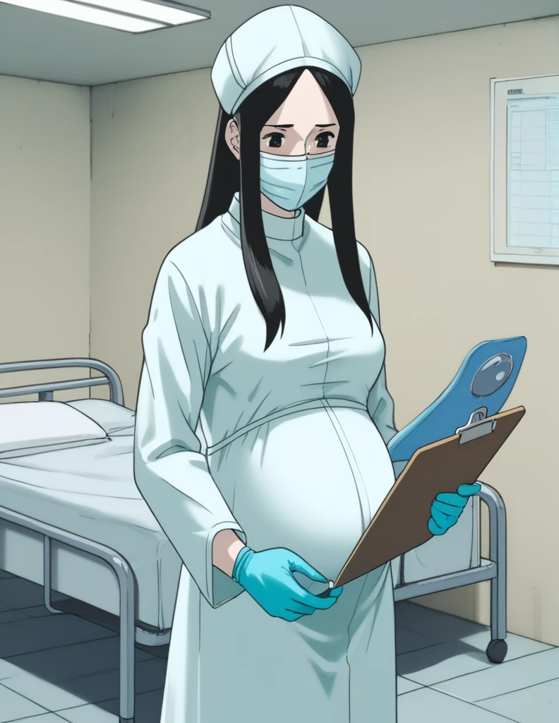 score_9,  score_8_up, score_7_up, source_anime, kasuganoray, pale skin, shy eyes, long hair, scrubs, surgical mask, surgical cap, long sleeve maternity gown,
1girl, pregnant, solo, rubber gloves, clipboard, looking down, furrowed brow, privacy screen, hospital bed, standing