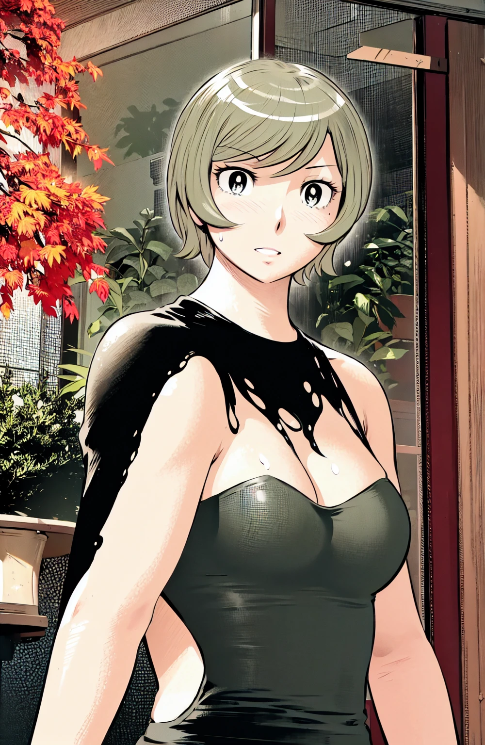 、(masterpiece、Highest quality)、Highest quality, Ultra-high resolution, (((masterpiece))), alone, Sweat、Big eyes, No sleeve、Outdoor、Floral dress、Composition from the front、(Cut the back hair short、short hair、blonde、woman)、Shortcuts、Embarrassed face、Cut your hair short、可愛いwomanの子、Big Breasts