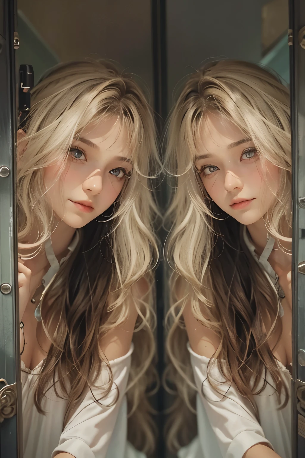 2 raped women with permed hair, twin, what makeup, without makeup, Centrally separated curtain bangs, Profile picture, Use Instagram Filters, Subtle soft and dim light, Pose looking back at the mirror, couple, perfect face, julia sardinian, perfect hands, Random behavior, (full_body),