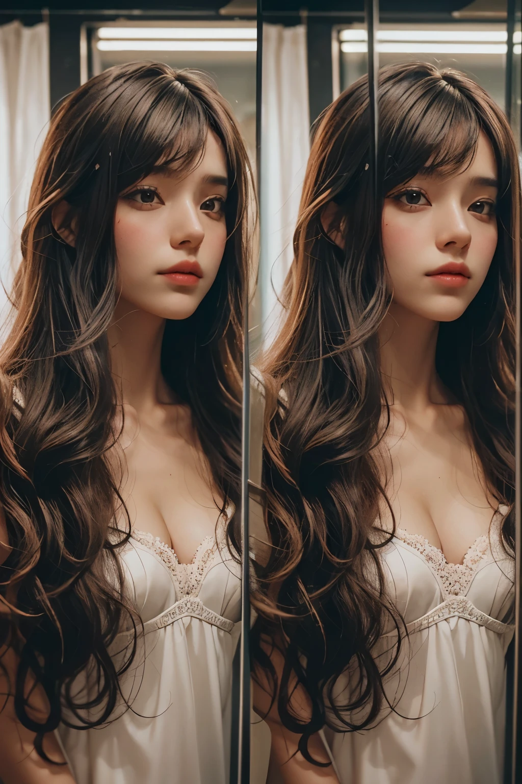 2 raped women with permed hair, twin, what makeup, without makeup, Centrally separated curtain bangs, Profile picture, Use Instagram Filters, Subtle soft and dim light, Pose looking back at the mirror, couple, perfect face, julia sardinian, perfect hands, Random behavior, (full_body),