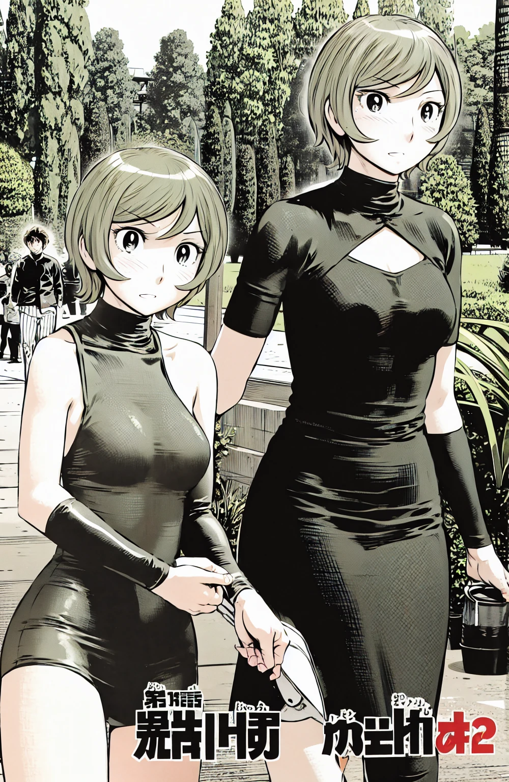 、(masterpiece、Highest quality)、Highest quality, Ultra-high resolution, (((masterpiece))), alone, Sweat、Big eyes, Sleeveless、Outdoor、Floral Dress、Composition from the front、(後ろCut your hair short、short hair、blonde、woman)、Shortcuts、Embarrassed face、Cut your hair short、可愛いwomanの子、Big Breasts、Browsing Caution