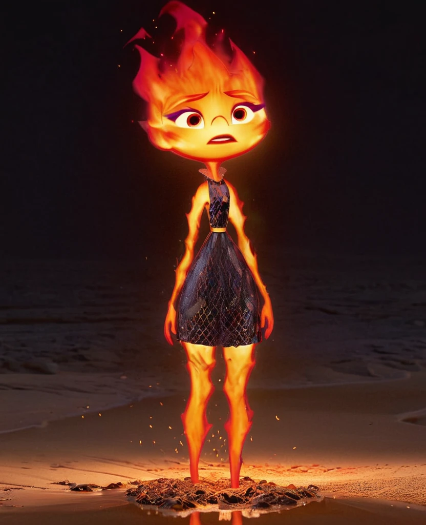 concept art ember standing in the quicksand, full body render, short body, digital artwork by ian mcque, vivid fire texture, opened mouth, (scared face), ((sad face)), illustrative, glossy painting, highly detailed, black background