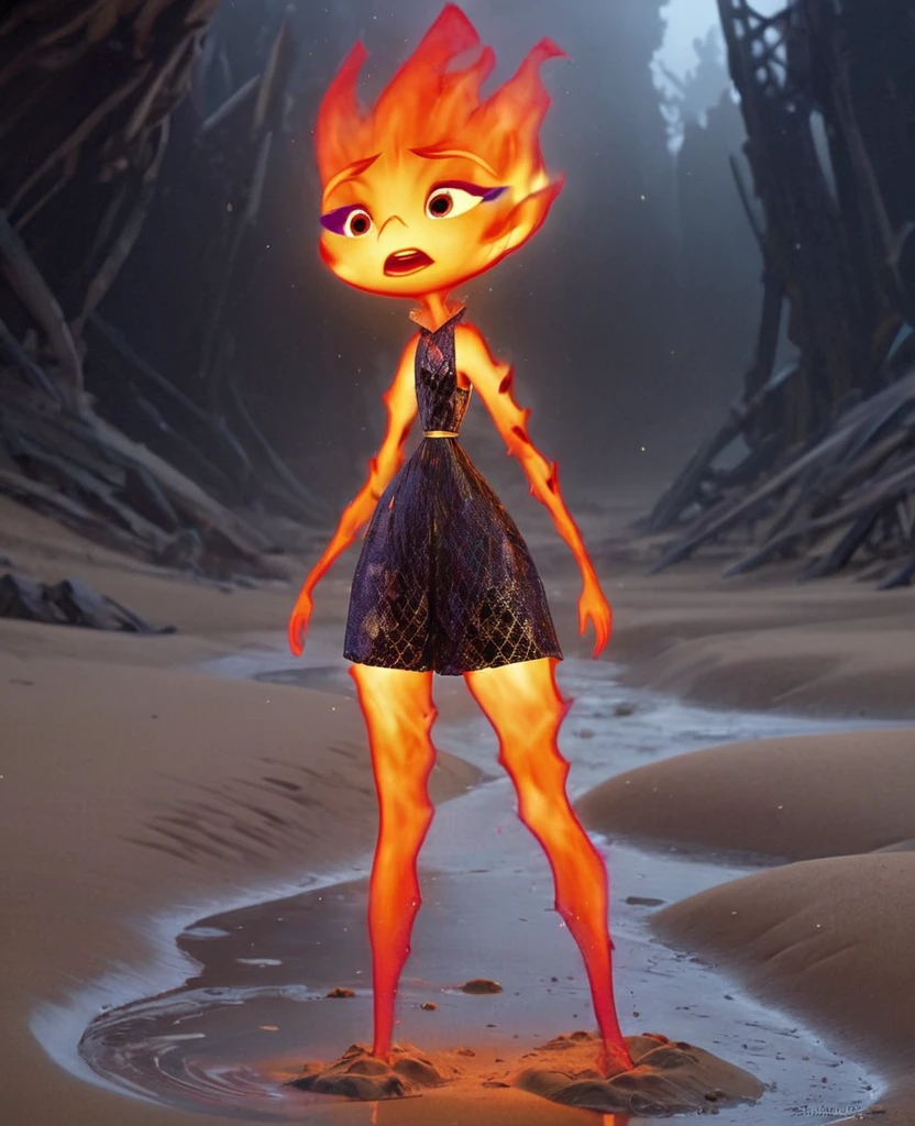 concept art ember standing in the quicksand, full body render, short body, digital artwork by ian mcque, vivid fire texture, opened mouth, (scared face), ((sad face)), illustrative, glossy painting, highly detailed, black background