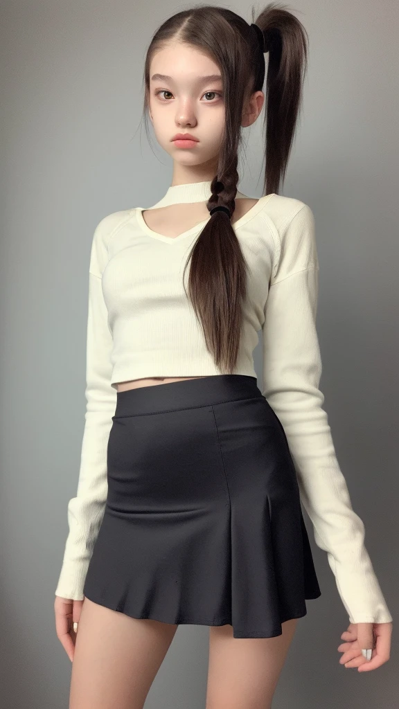 .woman、ponytail、
Tight mini skirt、Flat Chest