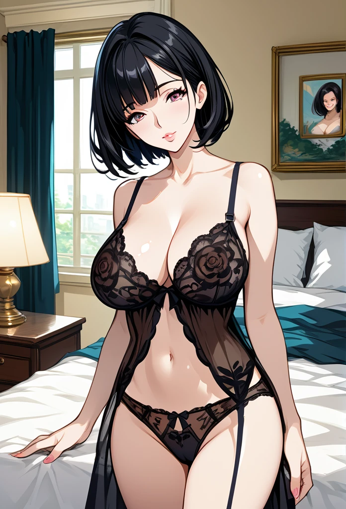 mature woman, mature face, hot face, glossy lips, (black hair, short hair, hime bangs), mature body, big breast, big ass, bedroom, underwear, panties, lingerie, front view