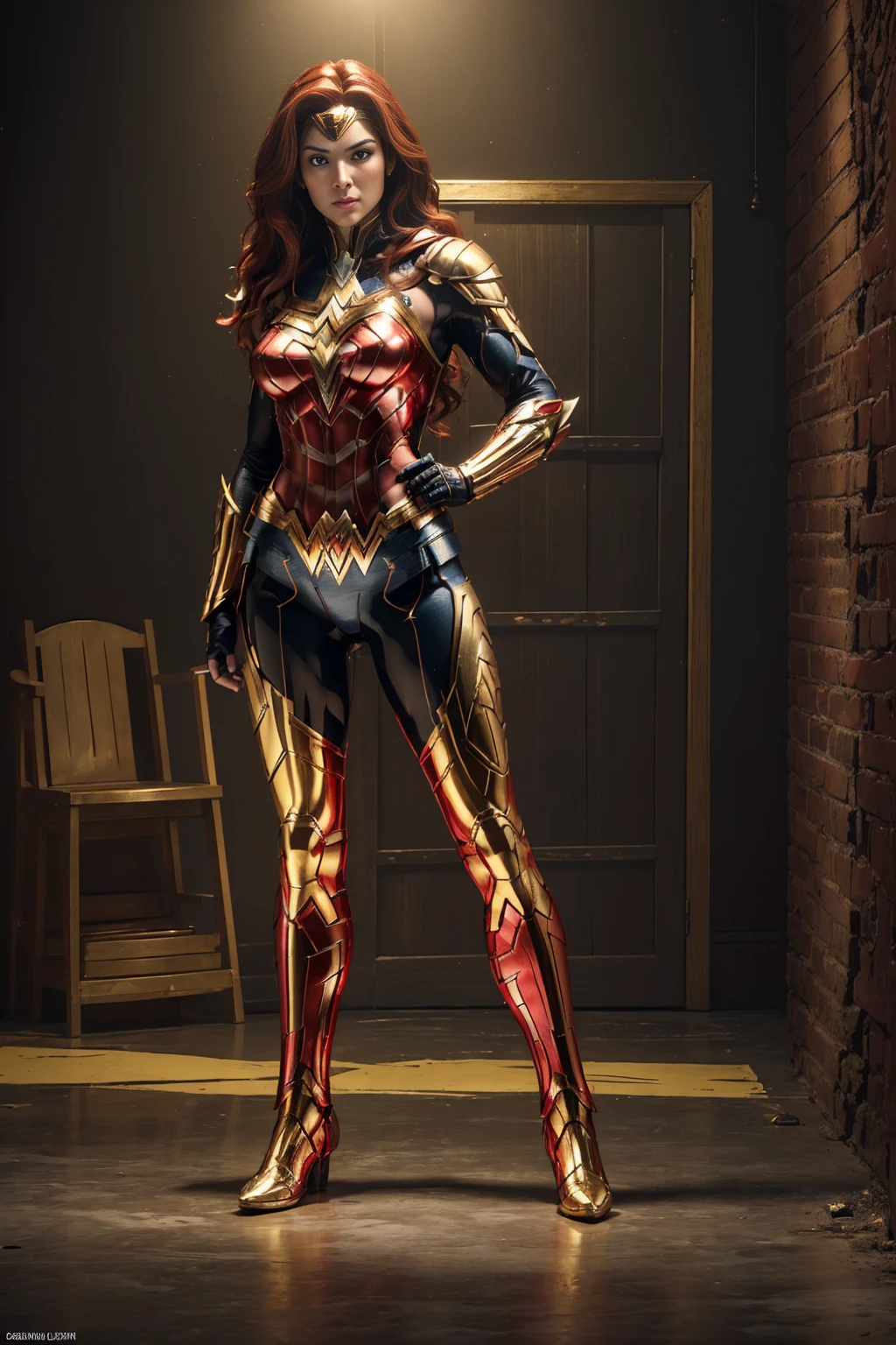 (((full body photo))) Wonder Woman (best quality,ultra-detailed,realistic:1.37),(studio lighting,HDR,vivid colors,physically-based rendering),(portrait),red-haired warrior with yellow eyes wearing a black and gold Superman armor,standing tall with feet on the ground