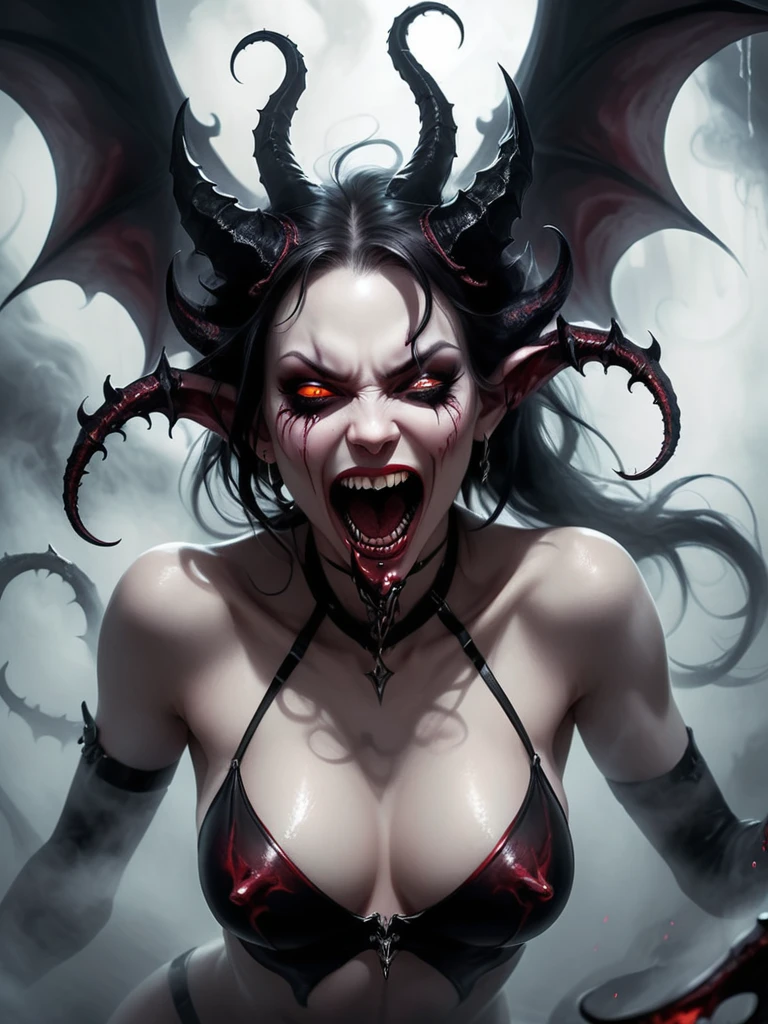 A nightmare mindscape, madness revealed in her grin, piercing eyes, coalescing mists swirl with phantom spirits, her sexual mouth is open up wide, more sexy succubus demon, nsfw, extream dark succubus with her mouth open.
