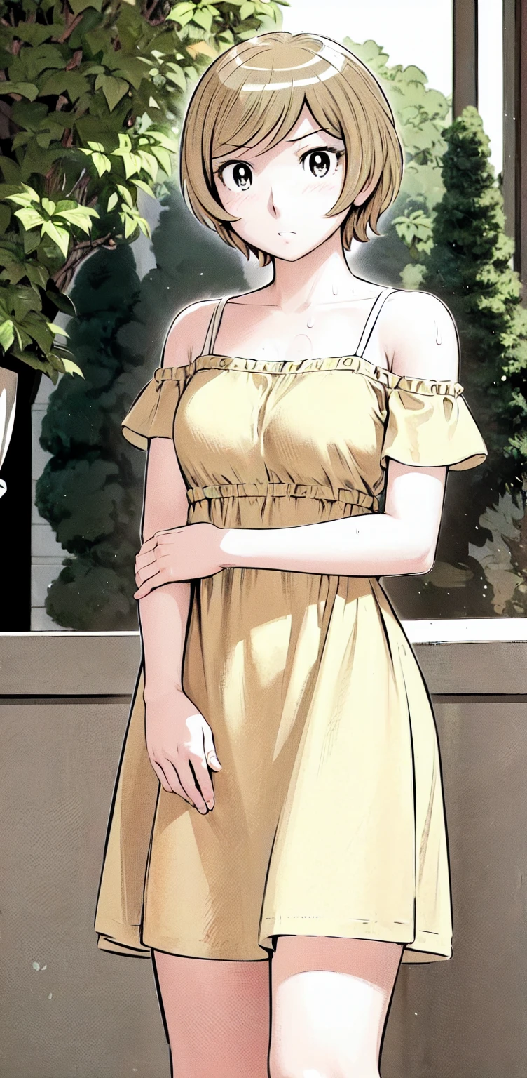 、(masterpiece、Highest quality)、Highest quality, Ultra-high resolution, (((masterpiece))), alone, Sweat、Big eyes,Show Viewer,
blonde,(short hair:1.2), (Highest quality:1.3),One Girl,Private Server、Floral dress、nature、Off the shoulder、Embarrassed face