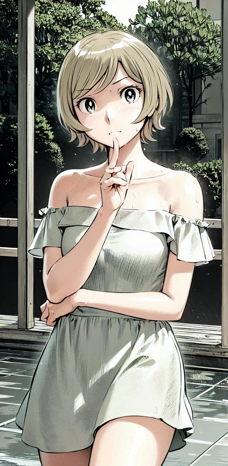 、(masterpiece、Highest quality)、Highest quality, Ultra-high resolution, (((masterpiece))), alone, Sweat、Big eyes,Show Viewer,
blonde,(short hair:1.2), (Highest quality:1.3),One Girl,Private Server、Floral dress、nature、Off the shoulder、Embarrassed face