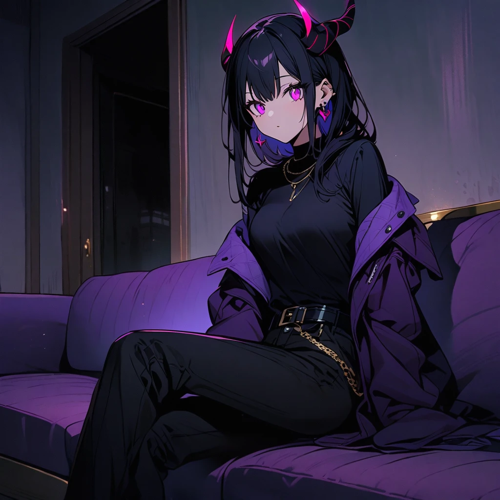 woman with horns and demon tail, long straight black hair, wears two black cross earrings, purple scarf, black t-shirt, purple jacket over it, black pants with white details, belt over the pants.
 Sitting on a sofa in a living room