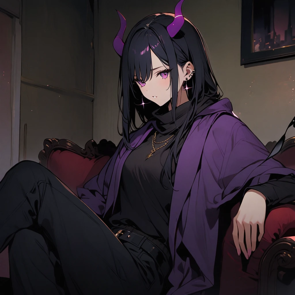 woman with horns and demon tail, long straight black hair, wears two black cross earrings, purple scarf, black t-shirt, purple jacket over it, black pants with white details, belt over the pants.
Sitting on a sofa in a living room