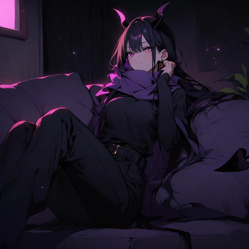 woman with horns and demon tail, long straight black hair, wears two black cross earrings, purple scarf, black t-shirt, purple jacket over it, black pants with white details, belt over the pants.
 Sitting on a sofa in a living room