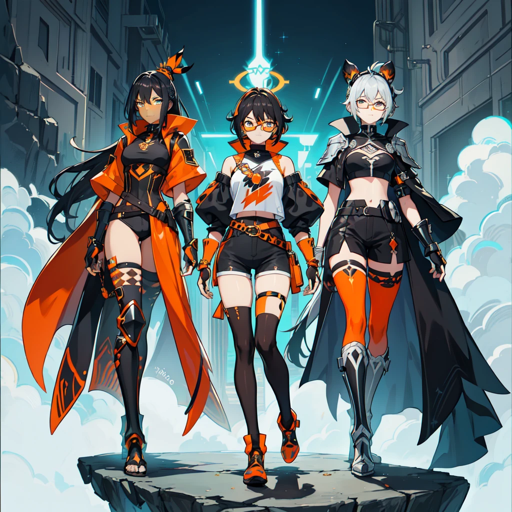 (((one caracter))), female, (((darkskin)))), Black hair with ponytail, clear blue eyes, Round glasses with a small dark lens, this lens being orange, and the Light Blue frame, (((Black metallic gauntlets and greaves with orange and silver highlights)), (((The clothes have a mix of modern and tribal)))), Having mainly black color,  but having orange pieces, Shoulders on display, On the Hip one Shorts extending to Half Thigh in black.