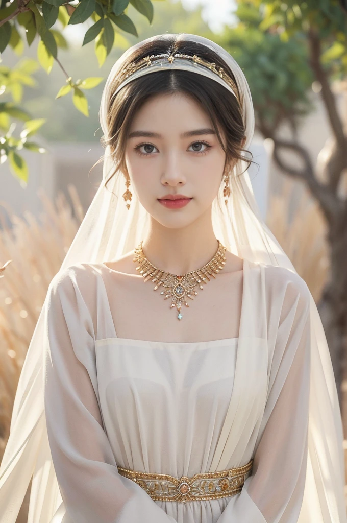 (((best quality))),(((ultra detailed))),(((masterpiece))),illustration,1girl, solo,princess, Arabic,slim,thin,flat chest,small breasts, palace, desert, gold, gemstones,headscarf, veil on face,white sheer traditional clothing, hairband, deep eyes, elegant face, subtle smile,earrings,necklace, sunlight, shining, serene, environment,day scene,out door,standing,arms behind back,upper body,from front
