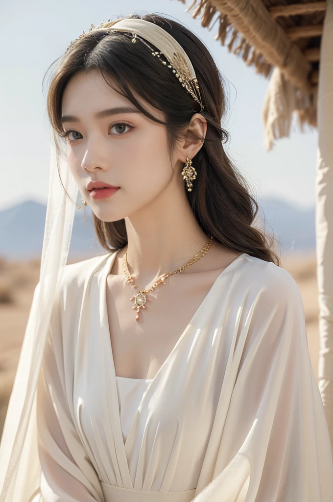 (((best quality))),(((ultra detailed))),(((masterpiece))),illustration,1girl, solo,princess, Arabic,slim,thin,flat chest,small breasts, palace, desert, gold, gemstones,headscarf, veil on face,white sheer traditional clothing, hairband, deep eyes, elegant face, subtle smile,earrings,necklace, sunlight, shining, serene, environment,day scene,out door,standing,arms behind back,upper body,from front
