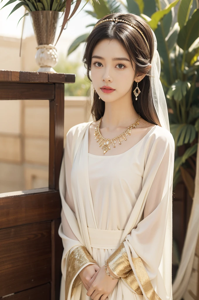 (((best quality))),(((ultra detailed))),(((masterpiece))),illustration,1girl, solo,princess, Arabic,slim,thin,flat chest,small breasts, palace, desert, gold, gemstones,headscarf, veil on face,white sheer traditional clothing, hairband, deep eyes, elegant face, subtle smile,earrings,necklace, sunlight, shining, serene, environment,day scene,out door,standing,arms behind back,upper body,from front
