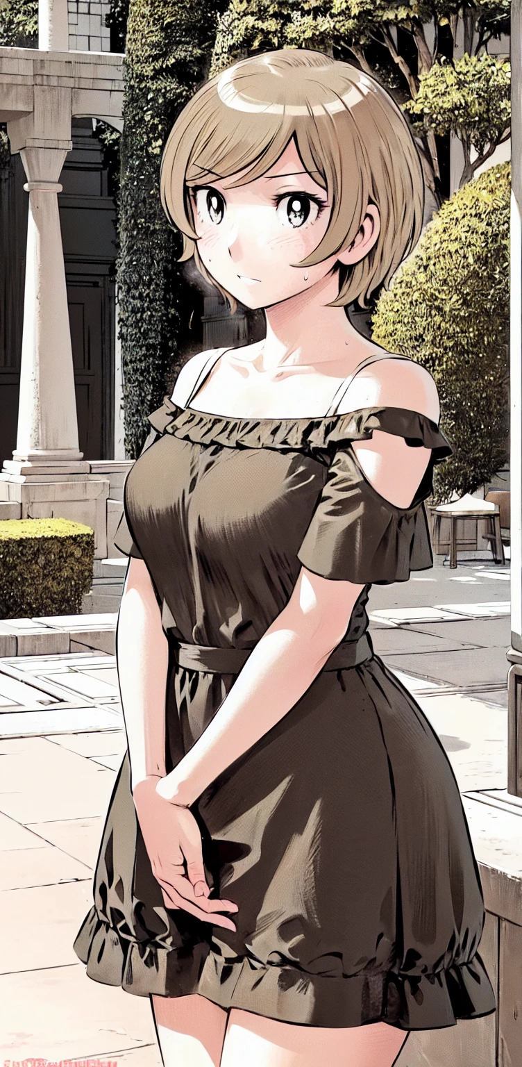 、(masterpiece、Highest quality)、Highest quality, Ultra-high resolution, (((masterpiece))), alone, Sweat、Big eyes,Show Viewer,
blonde,(short hair:1.2), (Highest quality:1.3),One Girl,Private Server、Floral dress、nature、Off the shoulder、Embarrassed face