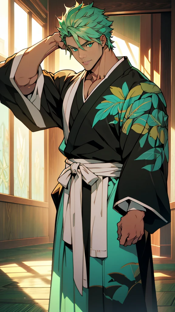 1 man, muscular male, handsome, male, nice cyan hair, green eyes, bleach style, black kimono, male focus, masterpiece, 16k, uhd, high definition, full body, image of full body, all body, beautiful eyes, (((perfect eyes))), (((detailed eyes))), uhd