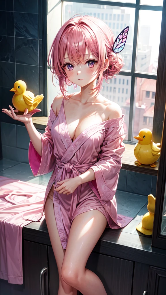 In this image, we see a young anime character in a relaxed moment, possibly right after a shower. She is wearing a pink robe with butterfly details., and a rubber duck is over your head. This dinner combines elements of humor, lightness and charm. Let's explore the visual elements in detail, the possible context, and the emotions involved in this scene.Visual DescriptionThe character is centered in the image, with the focus on your face and costume. She is dressed in a pink robe, which appears to be slightly wet, suggesting you just got out of the shower. The robe is decorated with patterns that resemble butterfly wings., complementing the delicate and feminine theme of the image.Character traits:The young woman has long dark hair, tied up in a loose bun, with some loose strands, giving a casual and natural look.Your eyes are big and expressive, with a blue-violet hue that adds a charming contrast to your hair and robe.There are water droplets visible on your skin and clothing, indicating that she is still wet from the shower.Composition Elements:A yellow rubber duck is situated on top of its head, adding a playful and fun element to the image.The background is white and simple, keeping the focus on the character and the details of their clothing and expression.The lighting is soft, highlighting the softness of your skin and the wet texture of the robe.Possible ContextTo contextualize the image, We can imagine a scenario where the character is getting ready to relax after a long day. The rubber duck on the head can suggest a playful and laid-back personality., or it could be an accidental moment captured charmingly.daily routine:The character may be in a domestic setting, maybe in your bathroom or bedroom, where she is drying off and fixing her hair after a shower.The rubber duck can be a cherished object, which she uses to have fun while taking a shower, showing your happy side.Personalidade:Her expression