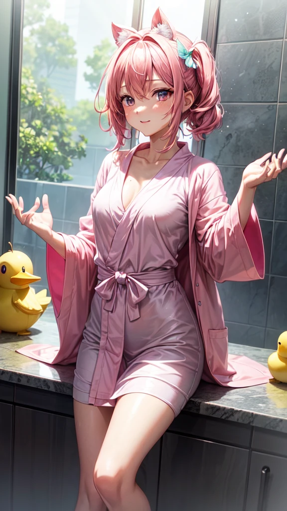 In this image, we see a young anime character in a relaxed moment, possibly right after a shower. She is wearing a pink robe with butterfly details., and a rubber duck is over your head. This dinner combines elements of humor, lightness and charm. Let&#39;s explore the visual elements in detail, the possible context, and the emotions involved in this scene.Visual DescriptionThe character is centered in the image, with the focus on your face and costume. She is dressed in a pink robe, which appears to be slightly wet, suggesting you just got out of the shower. The robe is decorated with patterns that resemble butterfly wings., complementing the delicate and feminine theme of the image.Character traits:The young woman has long dark hair, tied up in a loose bun, with some loose strands, giving a casual and natural look.Your eyes are big and expressive, with a blue-violet hue that adds a charming contrast to your hair and robe.There are water droplets visible on your skin and clothing, indicating that she is still wet from the shower.Composition Elements:A yellow rubber duck is situated on top of its head, adding a playful and fun element to the image.The background is white and simple, keeping the focus on the character and the details of their clothing and expression.The lighting is soft, highlighting the softness of your skin and the wet texture of the robe.Possible ContextTo contextualize the image, We can imagine a scenario where the character is getting ready to relax after a long day. The rubber duck on the head can suggest a playful and laid-back personality., or it could be an accidental moment captured charmingly.daily routine:The character may be in a domestic setting, maybe in your bathroom or bedroom, where she is drying off and fixing her hair after a shower.The rubber duck can be a cherished object, which she uses to have fun while taking a shower, showing your happy side.Personalidade:Her expression