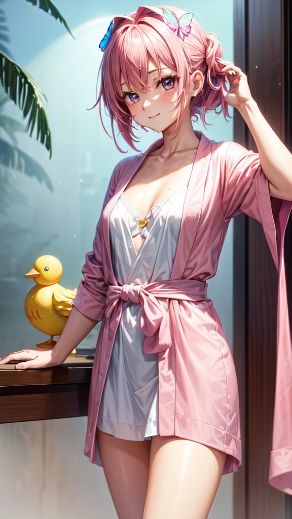 In this image, we see a young anime character in a relaxed moment, possibly right after a shower. She is wearing a pink robe with butterfly details., and a rubber duck is over your head. This dinner combines elements of humor, lightness and charm. Let's explore the visual elements in detail, the possible context, and the emotions involved in this scene.Visual DescriptionThe character is centered in the image, with the focus on your face and costume. She is dressed in a pink robe, which appears to be slightly wet, suggesting you just got out of the shower. The robe is decorated with patterns that resemble butterfly wings., complementing the delicate and feminine theme of the image.Character traits:The young woman has long dark hair, tied up in a loose bun, with some loose strands, giving a casual and natural look.Your eyes are big and expressive, with a blue-violet hue that adds a charming contrast to your hair and robe.There are water droplets visible on your skin and clothing, indicating that she is still wet from the shower.Composition Elements:A yellow rubber duck is situated on top of its head, adding a playful and fun element to the image.The background is white and simple, keeping the focus on the character and the details of their clothing and expression.The lighting is soft, highlighting the softness of your skin and the wet texture of the robe.Possible ContextTo contextualize the image, We can imagine a scenario where the character is getting ready to relax after a long day. The rubber duck on the head can suggest a playful and laid-back personality., or it could be an accidental moment captured charmingly.daily routine:The character may be in a domestic setting, maybe in your bathroom or bedroom, where she is drying off and fixing her hair after a shower.The rubber duck can be a cherished object, which she uses to have fun while taking a shower, showing your happy side.Personalidade:Her expression