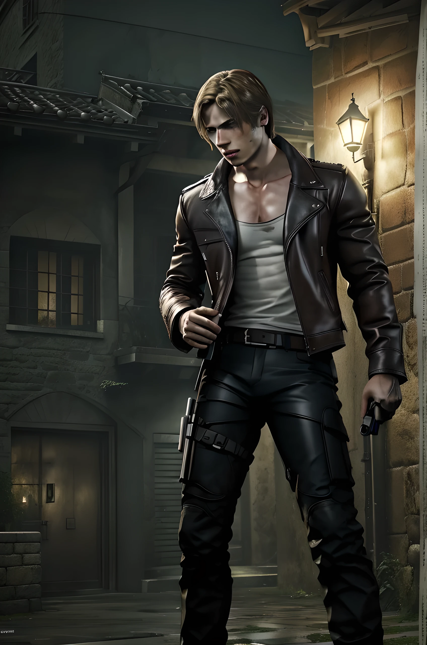 a young man, 27 year old, Leon S. Kennedy from Resident evil 4, face of Eudard Badaluta, solo, white skin, muscular, lean muscle man, tall, hunk, wide shoulder, clean-shaven, dark brown hair, curtain hairstyle, dark brown cold long sleeve leather jacket with white fur on the neck, black color T shirt inside, black pant, holding a pistol on right hand, viewer looking, (best quality,4k,8k,highres,masterpiece:1.2),ultra-detailed,(realistic,photorealistic,photo-realistic:1.37),HDR,UHD,studio lighting,ultra-fine painting,sharp focus,physically-based rendering,extreme detail description,professional,vivid colors,bokeh,flat style,cloudy sky and old Spanish village background,nighttime,low camera angle,volumetric lighting,depth of field,shadow