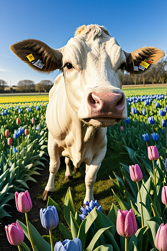 A cow with blue tulips