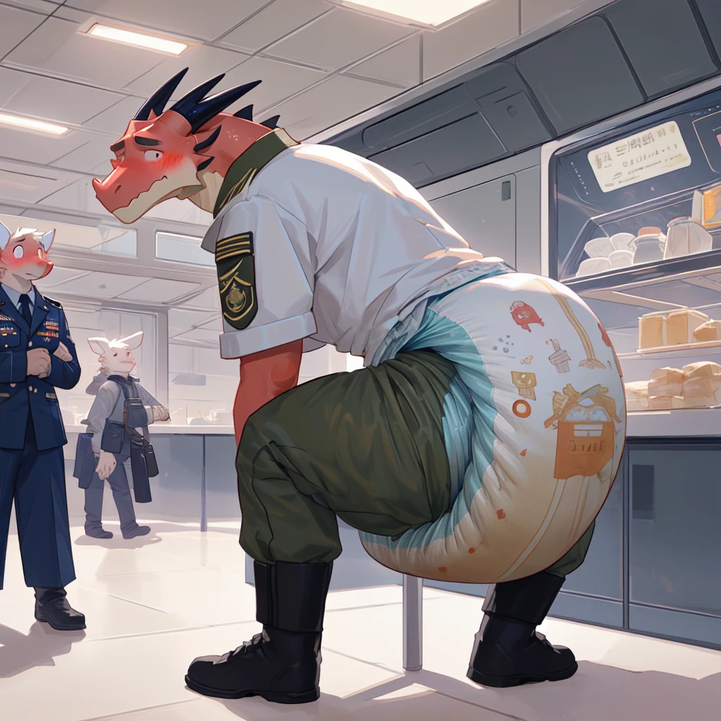 male dragon, butt shot, slim build, military academy clothes, blushing, by bebebe, spaceship cafeteria, wearing small diaper, sweating, being watched, embarrassed, diaper use, realistic diaper, pooping in diaper, bent over, blushing, pooping, relieving self, squatting,