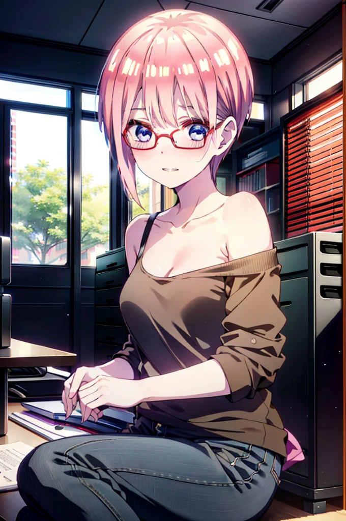 ichikanakano, Nakano Ichika, short hair, bangs, blue eyes, Hair between the eyes, Pink Hair, Grin,smile,Glasses,black tank top shirt,Skinny jeans,Stiletto heels,interior,There is a computer on the table,whole bodyがイラストに入るように,Walking,Daytime,Clear skies,
break indoors, office,
break looking at viewer,whole body,
break (masterpiece:1.2), Highest quality, High resolution, unity 8k wallpaper, (figure:0.8), (Beautiful attention to detail:1.6), Highly detailed face, Perfect lighting, Highly detailed CG, (Perfect hands, Perfect Anatomy),