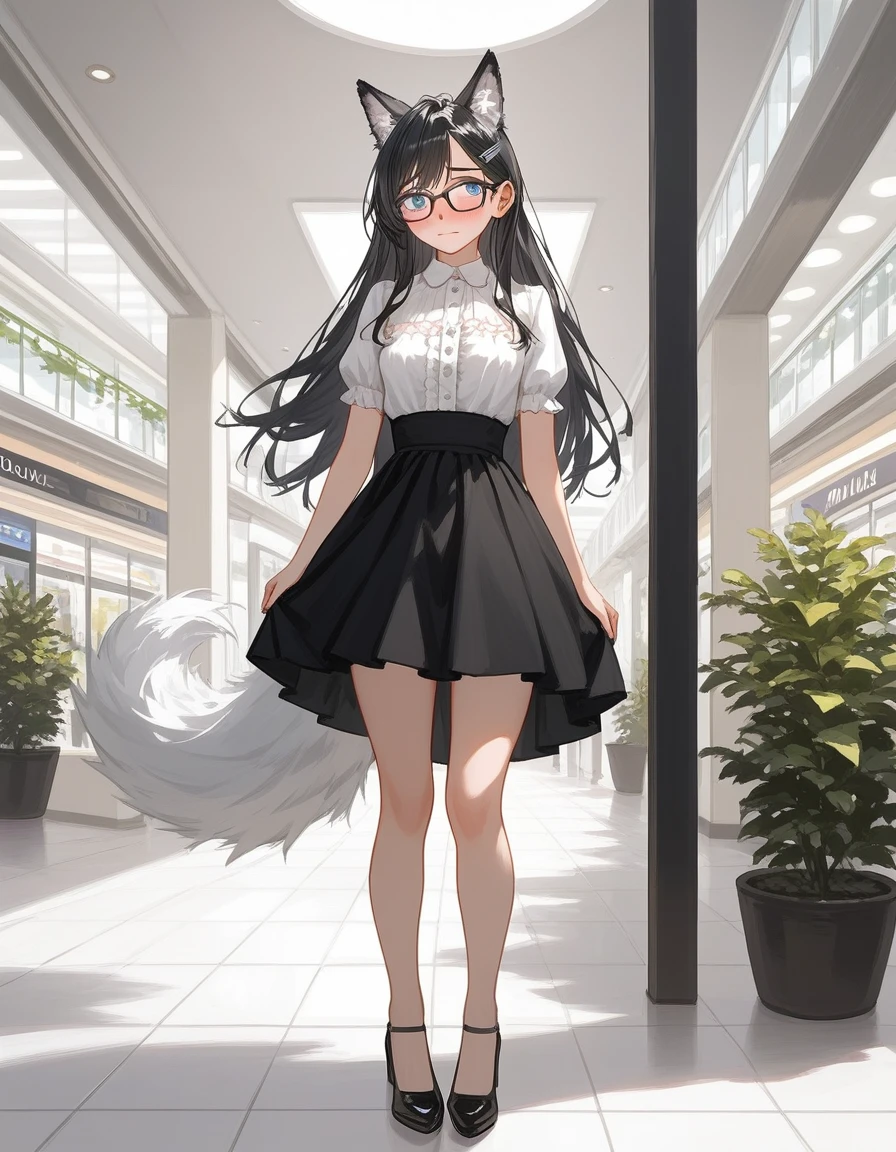 Solo, score_9,score_8_up,score_7_up, source_furry, an Anthro furry wolf girl, wolf snout, white furry body, white fur, detailed fur, tall, long black straight hair, elegant black hair, hair clip, white wolf tail, blue eyes, black glasses, white wolf ears, white wolf tail, small breasts, wearing elegant white blouse, short black skirt, black flats, fidgeting, embarrassed expression, blushing, looking away, outdoors at a mall,