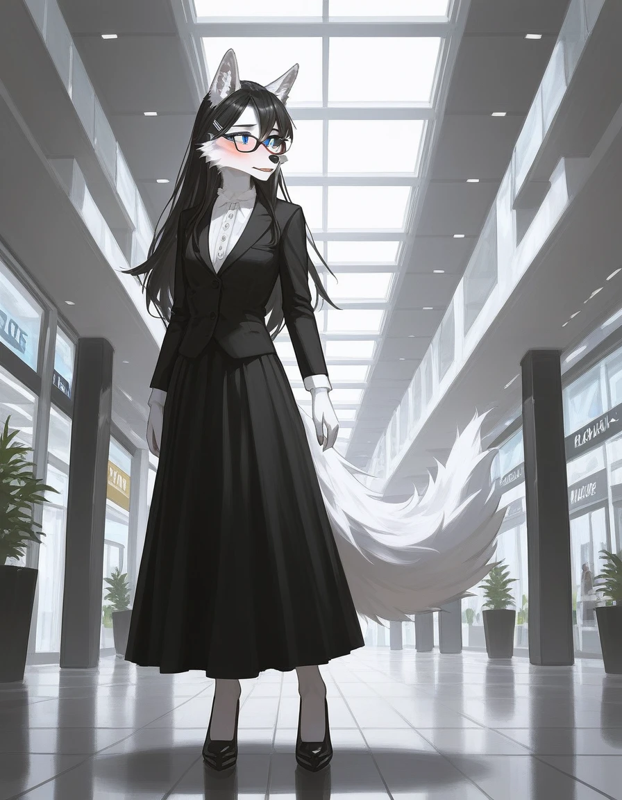 Solo, score_9,score_8_up,score_7_up, source_furry, an Anthro furry wolf girl, wolf snout, white furry body, white fur, detailed fur, tall, long black straight hair, elegant black hair, hair clip, white wolf tail, blue eyes, black glasses, white wolf ears, white wolf tail, small breasts, wearing elegant white blouse, short black skirt, black flats, fidgeting, embarrassed expression, blushing, looking away, outdoors at a mall,