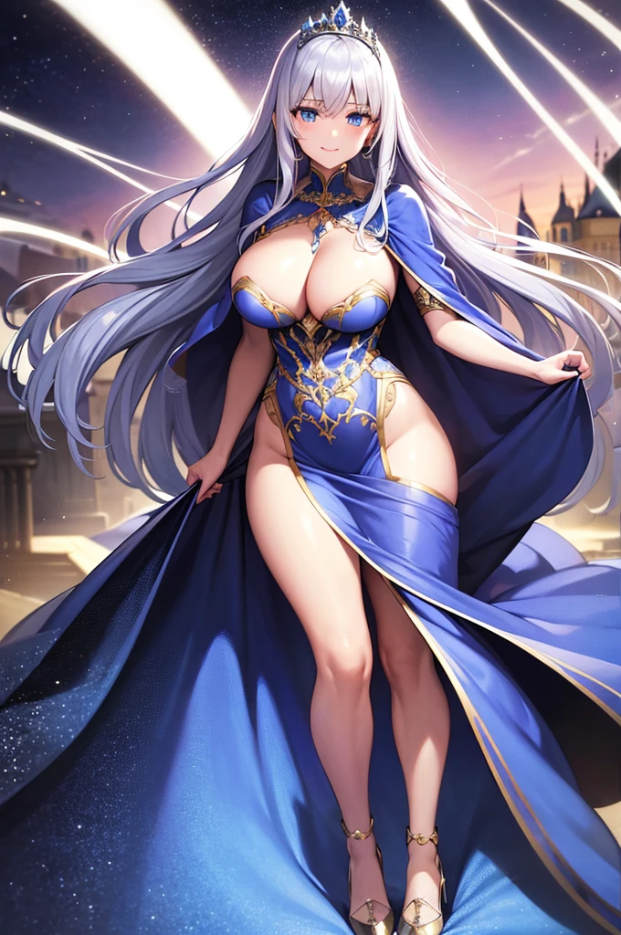 milf, 30 years old, (highres, masterpiece:1.2), (blue dress, purple dress), white hair, robe, grey robe, (large breasts), thick thighs, standing, pelvic curtain, tiara, thighhighs, v-neck, strapless dress, blue eyes, expressionless, long hair, (layered dress, elaborate clothing, detailed clothing, detailed dress), castle in background, blue dress, cape, smile