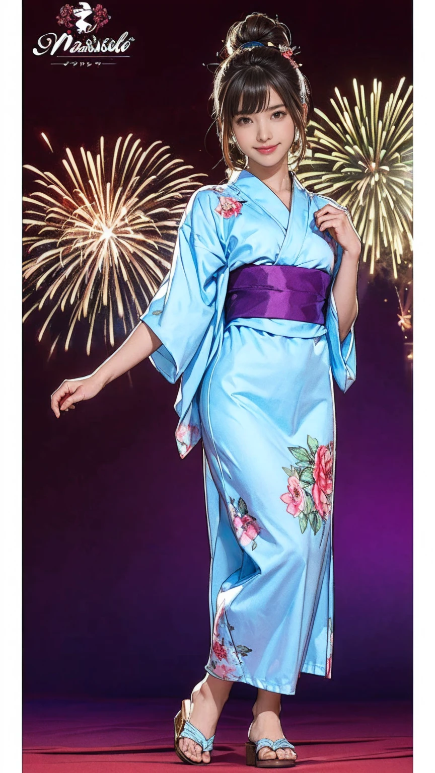 ((masterpiece)),(((Highest quality))),((Character design sheet)),Japanese yukata with flashy plant and floral patterns:1.5,Stylish sandals:1.5,The best smile:1.5,Full Body Shot:1.5,Night fireworks background:1.5,Flashy makeup with red eyeshadow:1.5,Bun Hair:1.5,