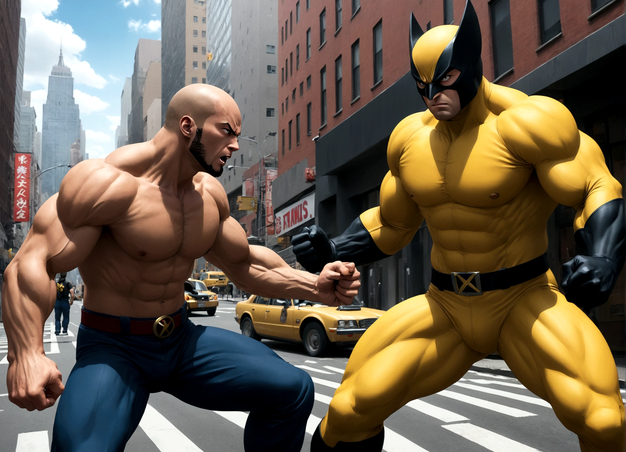 Marvel's Wolverine (90s comic style) is enraged, claws out ready to fight, One punch man Saitama is not impressed. set in new york city. standoff