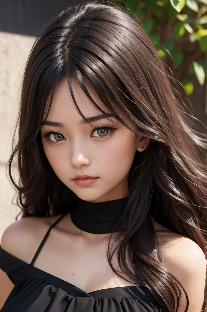 A beautiful young woman with slightly tanned skin, long dark wavy hair, amber eyes and a black dress