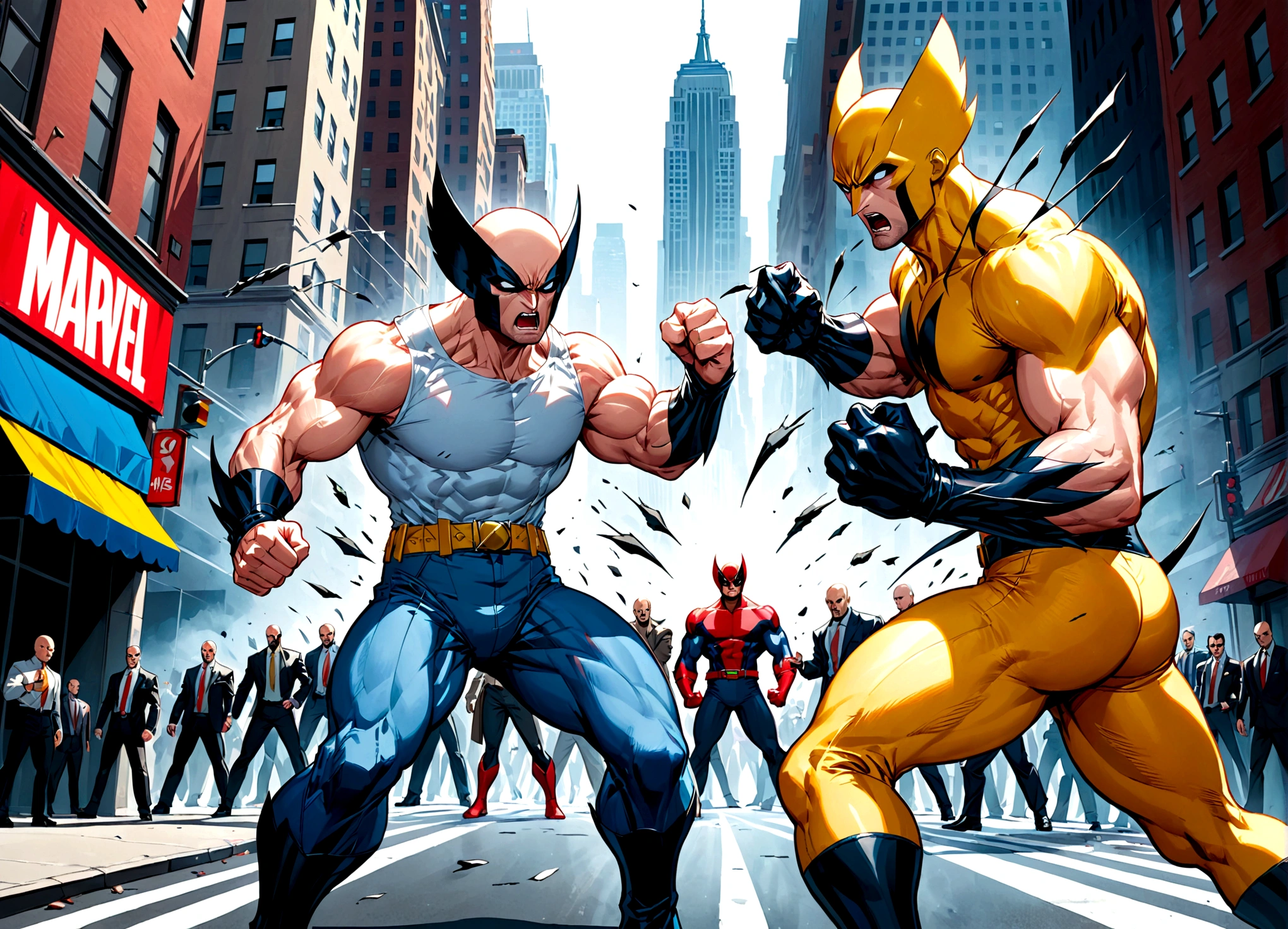 Marvel's Wolverine (90s comic style) is enraged, claws out ready to fight, One punch man Saitama is not impressed. set in new york city. standoff
