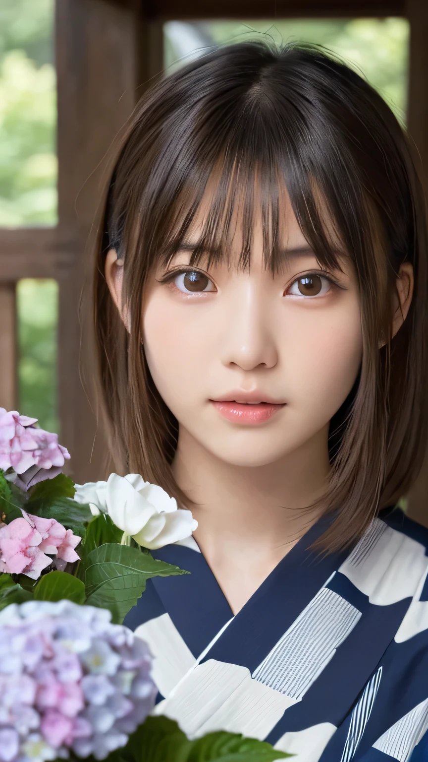 one girl, (a beauty girl, delicate girl:1.3), (16 years old:1.3),
break, (yukata, Japanese folk costume:1.2),
break, (glass vase, hydrangeas:1.2),
break, very fine eyes, (symmetrical eyes:1.3),
break, (big breasts:1.1), brown eyes, parted bangs, brown hair,
break, (eyes and faces with detailed:1.0),
break, (masterpiece, best quality, ultra detailed, detailed face, 8k)