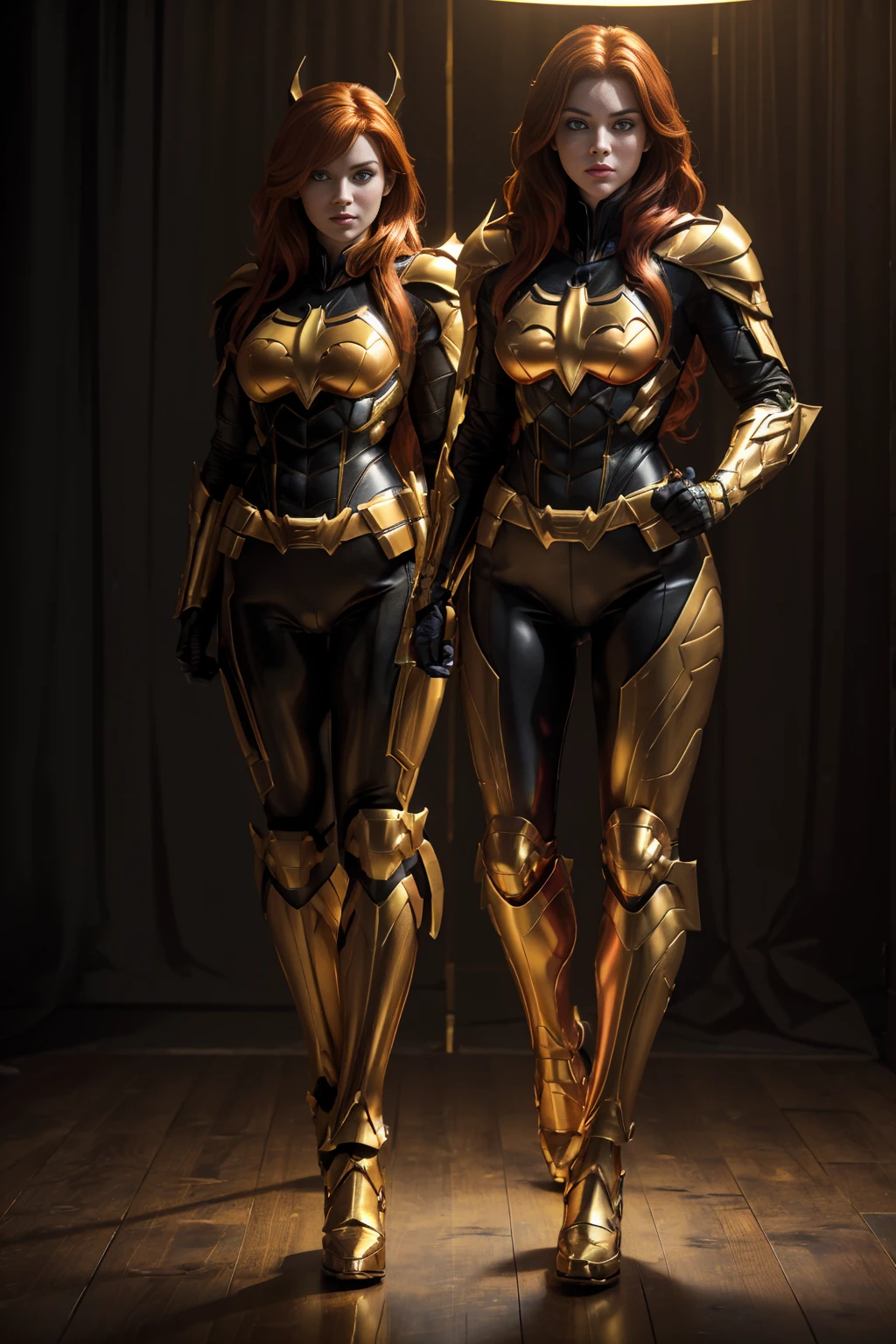 (((full body photo))) batgirl (best quality,ultra-detailed,realistic:1.37),(studio lighting,HDR,vivid colors,physically-based rendering),(portrait),red-haired warrior with yellow eyes wearing a black and gold Superman armor,standing tall with feet on the ground