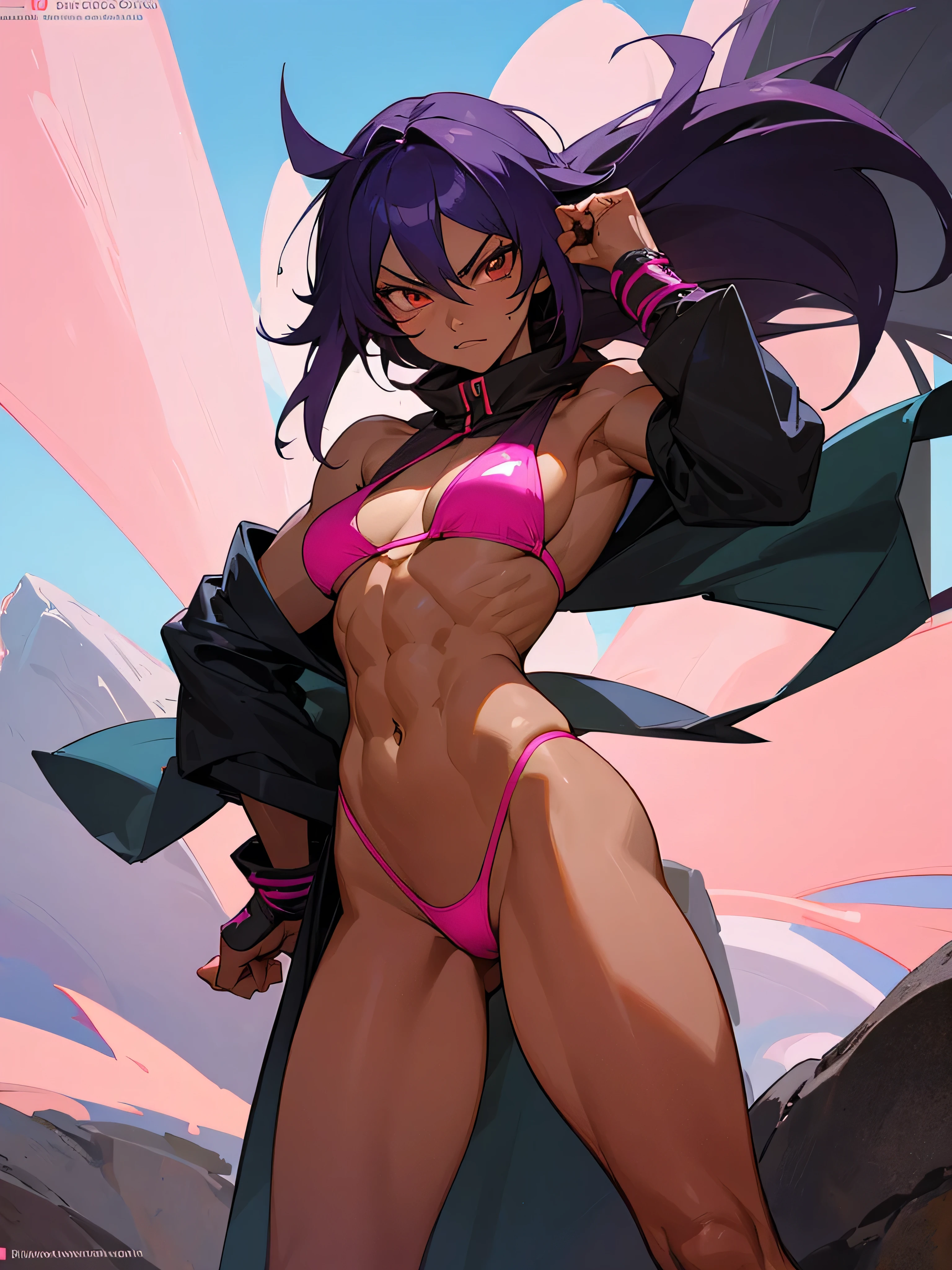 18 year old Yoruichi Shihöin from Bleach with tanned skin in a neon pink thong bikini flexing her muscles to pridefully show off her chiseled muscles on a mountain ledge, highly detailed