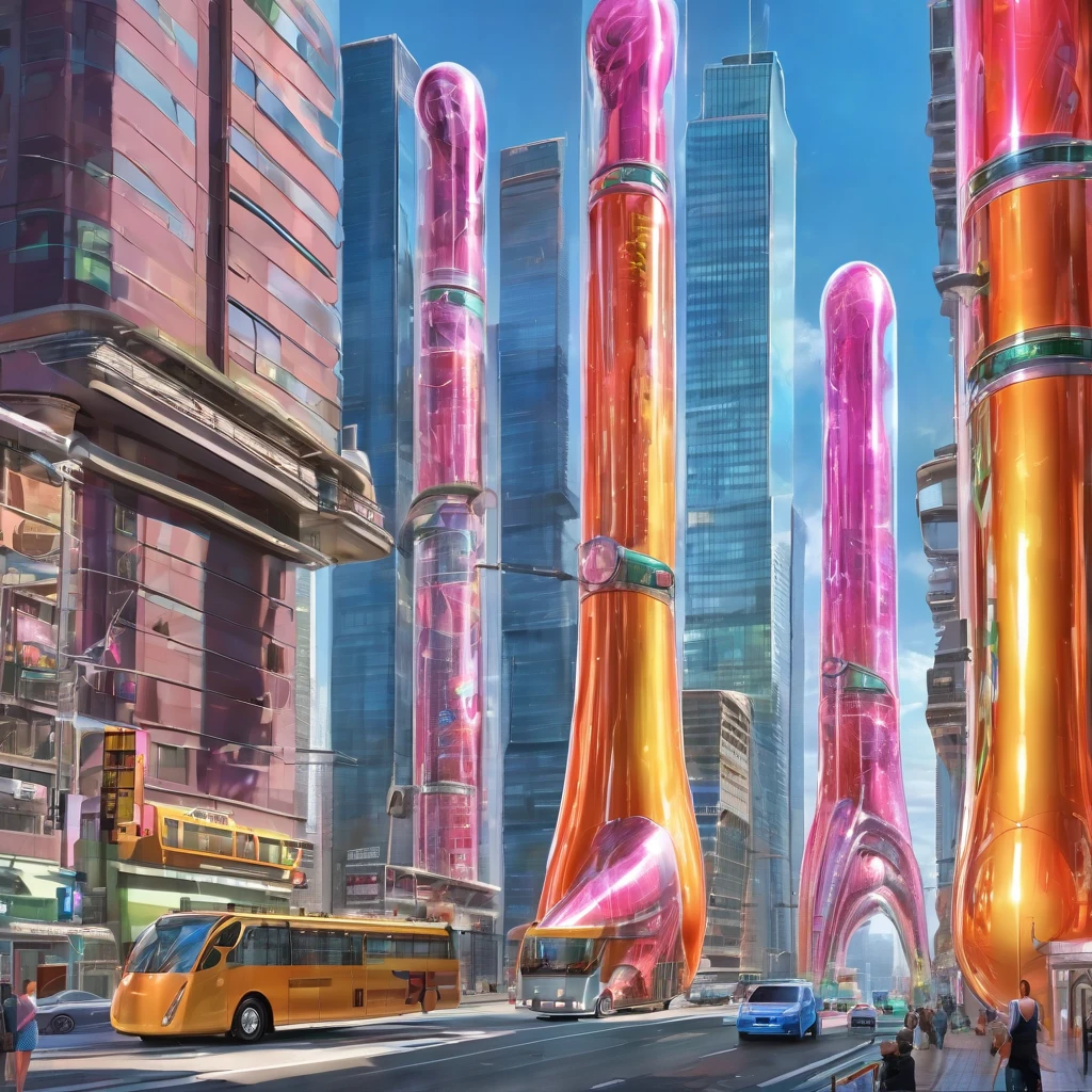 A great futuristic metropolitan made of glass and steel where tall buildings are shaped liked dildos and vehicles are individual sperm with wheels and windows moving down the streets. Tunnels look like vaginas. Hyper realistic, vibrant colors, 16k