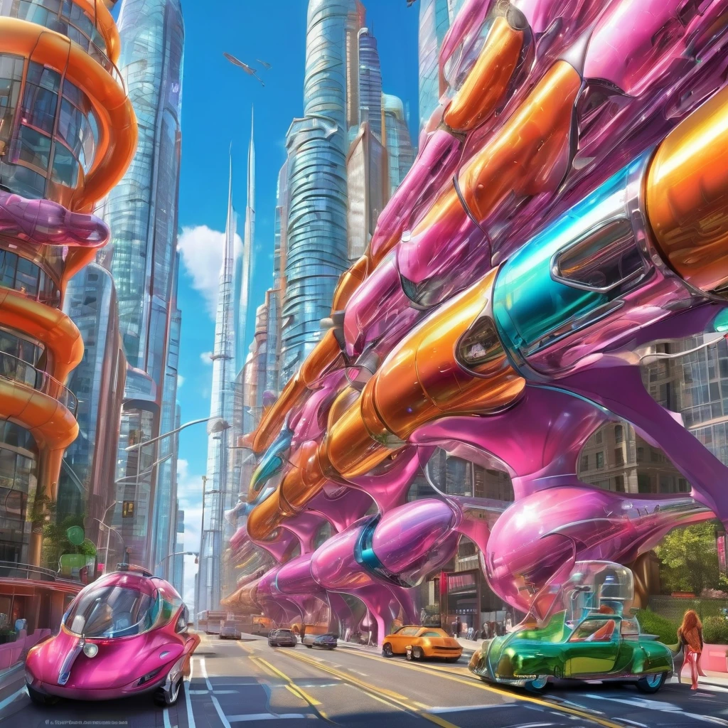 A great futuristic metropolitan made of glass and steel where tall buildings are shaped liked dildos and vehicles are individual sperm with wheels and windows moving down the streets. Tunnels look like vaginas. Hyper realistic, vibrant colors, 16k