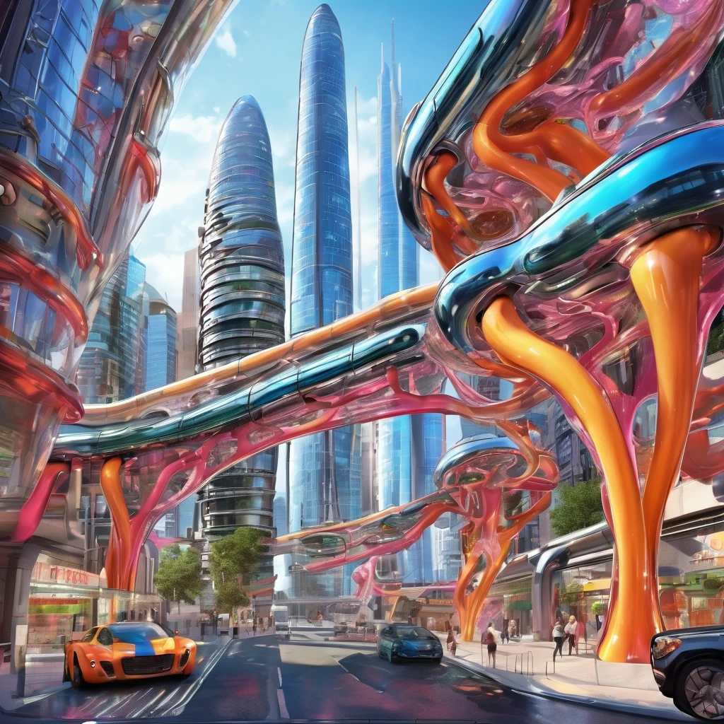 A great futuristic metropolitan made of glass and steel where tall buildings are shaped liked dildos and vehicles are individual sperm with wheels and windows moving down the streets. Tunnels look like vaginas. Hyper realistic, vibrant colors, 16k